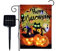 Drapeau de jardin en toile de jute double face Happy Halloween avec citrouille à LED - 30,5 x 45,7 cm - Décoration de cour avec fantôme