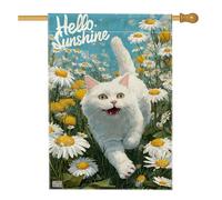 Drapeau de jardin en toile de jute double face, motif chat blanc, marguerite lumineuse, décoration d'intérieur, bannière de jardin, décoration de pelouse extérieure, 71 x 101,6 cm