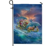 Drapeau de jardin en toile de jute double face motif dauphin, fleurs, vagues, bleu d'été, petit drapeau pour extérieur, terrasse, pelouse, porche, balcon 30,5 x 45,7 cm