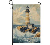 Drapeau de jardin en toile de jute double face - Motif phare nautique - Bleu et beige - Décoration de pelouse - 30,5 x 45,7 cm