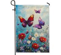 Drapeau de jardin en toile de jute double face pour décoration de pelouse, motif papillon coloré pour printemps, été, rouge, violet, 30,5 x 45,7 cm
