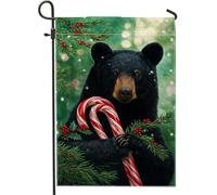 Drapeau de jardin en toile de jute double face pour décoration de pelouse, ours noir avec canne à sucre d'orge et pin, 30,5 x 45,7 cm
