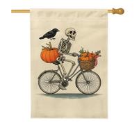 Drapeau de jardin en toile de jute double face pour Halloween, motif squelette de vélo, bannière décorative en citrouille beige avec corbeau, pour décoration de pelouse extérieure automne, 71 x 101,6