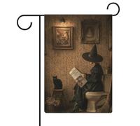 Drapeau de jardin en toile de jute double face pour Halloween, sorcière, lecture, journal, toilettes, 30,5 x 45,7 cm