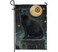 Drapeau de jardin en toile de jute noire double face pour chat, lune mystique, étoiles, Halloween, pour extérieur, terrasse, pelouse, porche, balcon, 30,5 x 45,7 cm