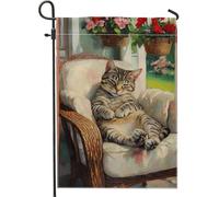 Drapeau de jardin en toile de jute pour chat d'été, joli chaton tigré relaxant sur une chaise, décoration extérieure, drapeau de cour double face en toile de jute, cadeau pour amoureux des animaux