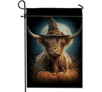 Drapeau de jardin en toile de jute pour Halloween, bétail des Highlands marron avec citrouilles, bannière de décoration d'intérieur, drapeau de cour double face en toile de jute, décoration extérieure