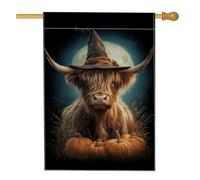 Drapeau de jardin en toile de jute pour Halloween, bétail des Highlands marron avec citrouilles, bannière de décoration d'intérieur, drapeau de cour double face en toile de jute, décoration extérieure