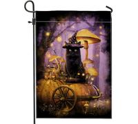 Drapeau de jardin en toile de jute pour Halloween, chat enchanté avec champignons, bannière de décoration d'intérieur, drapeau de cour double face pour décoration de pelouse extérieure, 30,5 x 45,7 cm