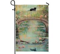 Drapeau de jardin en toile de jute verte impressionnisme impressionnisme chat nénuphar printemps double face petit jardin cour drapeau pour extérieur, porche, pelouse, terrasse, 30,5 x 45,7 cm