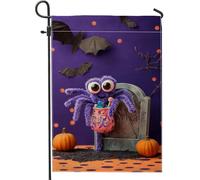 Drapeau de jardin en toile de jute violette pour Halloween, jolie araignée en peluche avec citrouille et chauve-souris, bannière double face en toile de jute pour décoration de pelouse, 30,5 x 45,7 cm