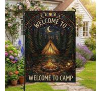 Drapeau de jardin en verre teinté avec citation de bienvenue - 30,5 x 45,7 | Style artistique en vitrail, drapeau de cour, thème camping, lune et étoiles, silhouette de forêt, décoration extérieure de