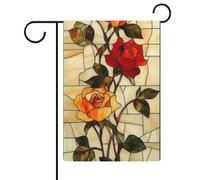 Drapeau de jardin en verre teinté rouge et orange roses vertes feuilles vertes en toile de jute double face 32 x 47 cm