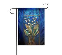 Drapeau de jardin en vitrail avec fleurs blanches sur fond bleu foncé 30 x 45 cm vertical double face pour décoration extérieure de ferme