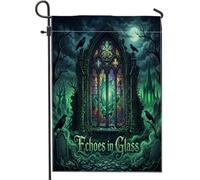Drapeau de jardin en vitrail - Corbeaux mystiques gothiques - Architecture gothique d'Halloween - Noir - Double face - Décoration extérieure pour extérieur, terrasse, pelouse, porche, balcon - 30,5 x