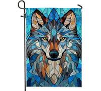 Drapeau de jardin en vitrail de loup abstrait bleu, décoration de la maison, double face, décoration de pelouse extérieure pour vacances et événements, 12 x 18 pouces