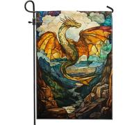 Drapeau de jardin en vitrail représentant un dragon, décoration extérieure colorée avec un dragon, décoration saisonnière double face pour la maison et les fêtes, style médiéval, 30 x 45 cm