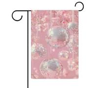 Drapeau de jardin esthétique en toile de jute double face avec boules disco roses 30,5 x 45,7 cm