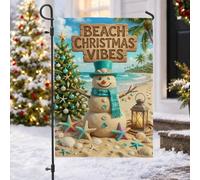 Drapeau de jardin esthétique pour plage, Noël, bonhomme de neige, sable | Décoration côtière, drapeau de cour, thème de Noël tropical, accents d'étoile de mer, détails de lanterne, palmiers