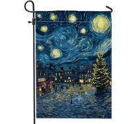 Drapeau de jardin étoilé, impressionnisme hivernal, construction d'arbre de Noël, bleu double face, en toile de jute, drapeaux décoratifs pour extérieur, porche, pelouse, terrasse, 30,5 x 45,7 cm