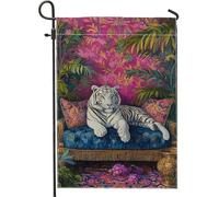 Drapeau de jardin exotique de la jungle, tigre, décoration tropicale, bannière de jardin, bannière double face en toile de jute, décoration de pelouse d'été 30,5 x 45,7 cm