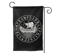 Drapeau de jardin extérieur, 70 x 100 cm, Viking Drakkar dans un cercle de symboles runiques scandinaves anciens style nordique, impression des deux côtés, décoration d'intérieur, bannière saisonnière