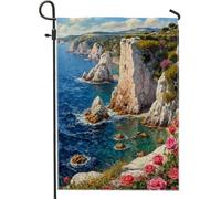 Drapeau de jardin falaises, paysage nature, océan, roses, bleu d'été, double face, petit drapeau de jardin, cour pour extérieur, terrasse, pelouse, porche, entrée, camping 30,5 x 45,7 cm