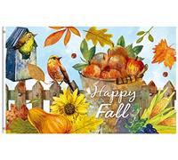Drapeau De Jardin Fall Autumn Harvest Birds House Pumpkin Leaves Sunflower Fruits Garden Flag Amusante Drapeau De Bienvenue Premium Pride Flag Pour Patio Pavillon Cour 152X90CM