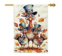 Drapeau de jardin familial de la Turquie de Thanksgiving, décoration de récolte d'automne avec feuilles colorées, joli style dessin animé, décoration de pelouse extérieure, drapeau double face pour