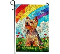 Drapeau de jardin fantaisie arc-en-ciel pour chien, yorkshire coloré avec ailes - Décoration extérieure - Bannière double face en tissu pour fêtes de printemps et d'été - Mignon et décoration - 30,5 x