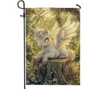 Drapeau de jardin fantaisie blanc cheval magique, décoration d'animal de conte de fées pour enfants, bannière de pelouse extérieure printemps-été, décoration de cour magique double face, thème forêt