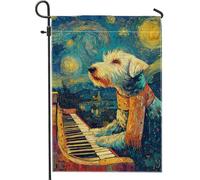 Drapeau de jardin fantaisie chien piano, décoration artistique canine bleu pour toutes les saisons, bannière double face pour la maison et l'extérieur, décoration de jardin 30,5 x 45,7 cm
