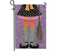 Drapeau de jardin fantaisie d'Halloween, motif sorcière violette avec balai, bannière double face en toile de jute, décoration de pelouse extérieure pour fêtes d'automne 30,5 x 45,7 cm