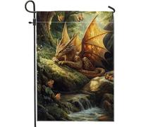 Drapeau de jardin fantaisie dragon doré avec papillons, décoration extérieure, œuvre d'art double face pour la décoration de la maison et du jardin 30,5 x 45,7 cm