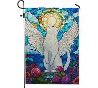 Drapeau de jardin fantaisie en forme de chat blanc avec ailes, décoration d'extérieur colorée style vitrail extérieur, décoration d'intérieur double face pour printemps, décoration florale de cour
