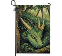 Drapeau de jardin fantaisie en forme de dragon vert, créature de la forêt mystique, bannière double face en toile de jute, décoration d'intérieur saisonnière pour fête sur la pelouse, 30,5 x 45,7 cm