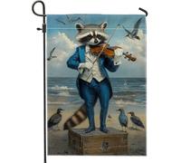 Drapeau de jardin fantaisie en forme de raton laveur jouant du violon, art animal coloré, décoration extérieure, bannière double face sur le thème de la plage, pour fêtes d'été, 30,5 x 45,7 cm