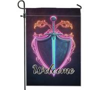 Drapeau de jardin fantaisie en forme d'épée de bouclier - Décoration néon vive pour la maison, drapeau double face pour le printemps et l'été - Décoration de pelouse élégante - 30,5 x 45,7 cm