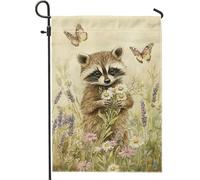 Drapeau de jardin fantaisie en raton laveur, jolie bannière florale marron pour l'extérieur, décoration de pelouse printanière, parfaite pour la décoration de pelouse et de cour, 30,5 x 45,7 cm