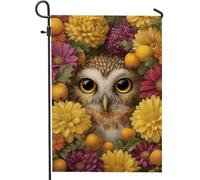 Drapeau de jardin fantaisie hibou, plantes à fleurs jaune vif, décoration extérieure, bannière saisonnière de maison, bannière de maison, décoration de pelouse double face en toile de jute 30,5 x 45,7