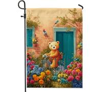 Drapeau de jardin fantaisie ours orange cycliste dans un jardin floral fleuri, bannière de cour double face en toile de jute, décoration saisonnière de pelouse, parfait pour le printemps et l'été