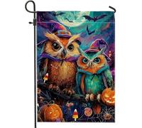 Drapeau de jardin fantaisie pour Halloween, hiboux orange et bleu avec citrouilles, décoration d'intérieur, drapeau de cour double face en toile de jute, décoration de pelouse extérieure, 30,5 x 45,7