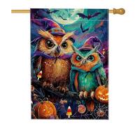 Drapeau de jardin fantaisie pour Halloween, hiboux orange et bleu avec citrouilles, décoration d'intérieur, drapeau de cour double face en toile de jute, décoration de pelouse extérieure, 71,1 x 101,6