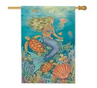 Drapeau de jardin fantaisie sirène - Décoration océan bleu avec tortues de mer et méduses - Drapeau double face en toile de jute pour décoration de pelouse extérieure d'été - 71,1 x 101,6 cm