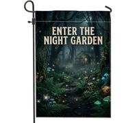 Drapeau de jardin fantastique avec citation de nuit de forêt enchantée 30,5 | Champignons lumineux, drapeau de pelouse, feuillage de fougère riche, serre éthérée, thème forêt, atmosphère nocturne