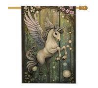 Drapeau de jardin fantastique en forme de cheval magique, pégase blanc doux pour le printemps et l'été, bannière de pelouse double face en toile de jute, décoration de cour à thème enchanté, 71 x 101