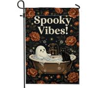 Drapeau de jardin fantôme, chat fantaisie et ludique, baignoire, Halloween, noir, double face, en toile de jute décorative, pour extérieur, terrasse, pelouse, porche, balcon, 30,5 x 45,7 cm