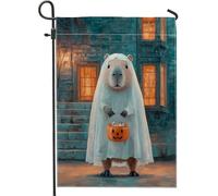 Drapeau de jardin fantôme d'Halloween, esprit amical blanc avec panier à bonbons en citrouille, décoration d'extérieur, bannière double face en toile de jute pour décoration de pelouse d'automne, 30,5