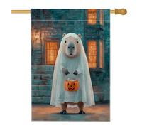 Drapeau de jardin fantôme d'Halloween, esprit amical blanc avec panier à bonbons en citrouille, décoration d'extérieur, bannière double face en toile de jute pour décoration de pelouse d'automne, 71 x