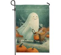 Drapeau de jardin fantôme d'Halloween, esprit amical vert avec chariot de citrouille, bannière de décoration d'intérieur, drapeau double face en toile de jute, décoration de pelouse extérieure, 30,5 x